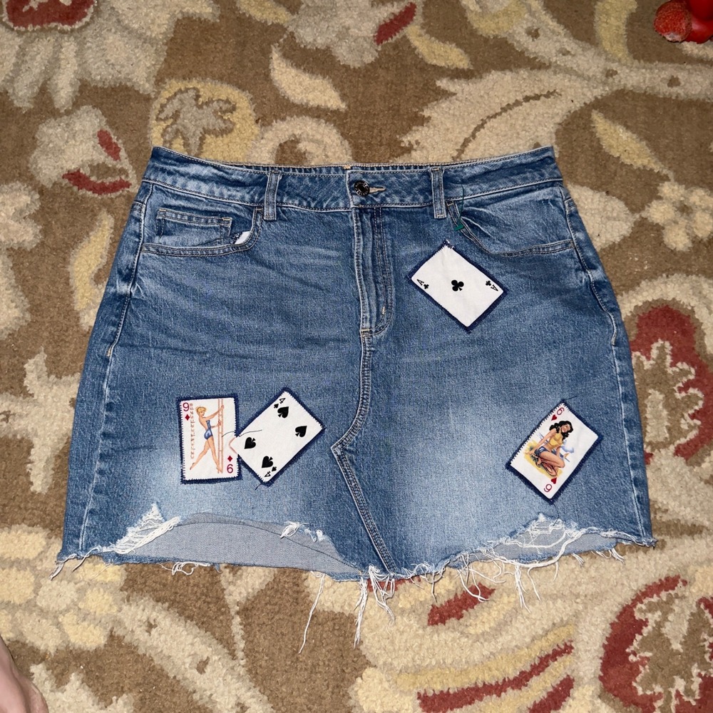 Y2K Denim Mini Skirt Medium Wash Playing Card Patches Painted Flower Size 9 L